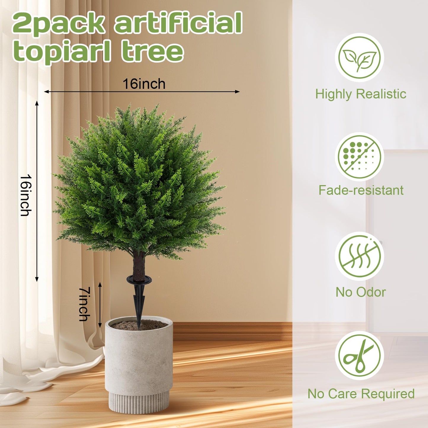 Artificial Cedar Topiary Ball Tree 23" with Ground Spike, Set of 2 Artificial Boxwood Bushes for Faux Shrubs, Fake Evergreen Faux Plant for Indoor Outdoor Porch Garden- UV Resistant – Fade-Proof