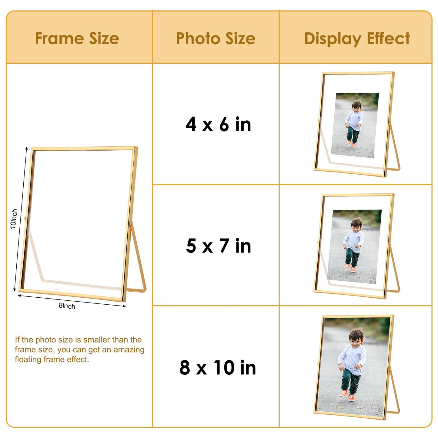 Fixwal Gold Floating Picture Frame Set of 2, 8 x 10 Tempered Glass, Tabletop Display, Multi Size Including 6 x 8, 5 x 7