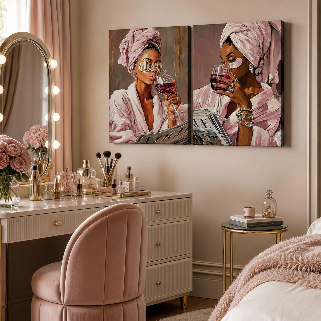 Pink Bathroom Wall Art Set Of 2 Framed Canvas Prints Glam Fashion Bathroom Decor Black Woman Spa Vanity Wall Art Pink Brown Self Care Pictures For Bedroom Beauty Room 16x24 Inch