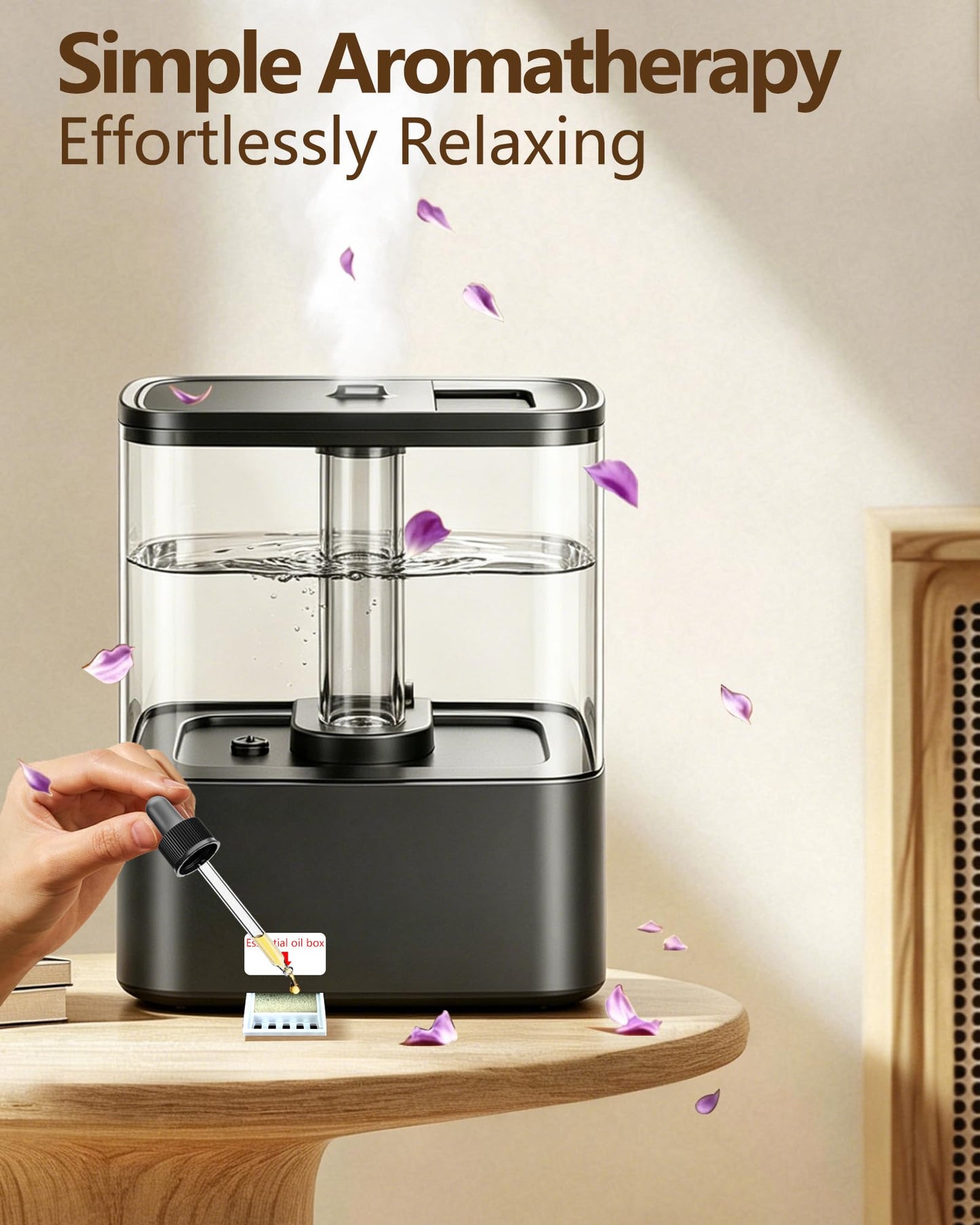 KZF 4L Top Fill Humidifiers for Bedroom & 40H Runtime - Cool Mist Humidifier, 3 Mist Levels, 8H Timer, Essential Oil Tray, Humidity Display, Quiet for Baby, Plants, Large Room (Black, 4L)