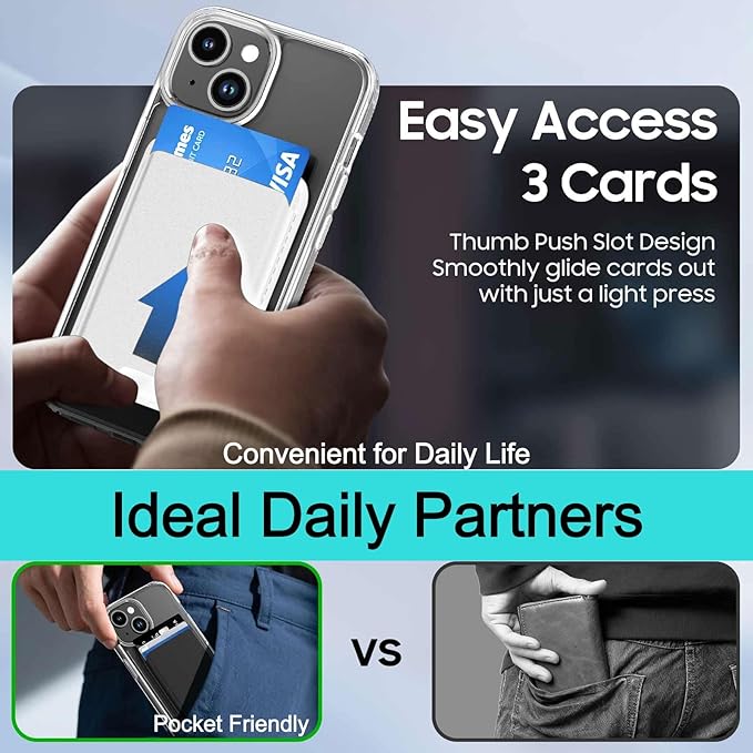 Magnetic for iPhone 14 Plus & iPhone 15 Plus Clear Case (Compatible with MagSafe) with White Detachable Wallet & Card Holder for 3 Cards [RFID Blocking] Military Grade Protective Slim Phone Cover