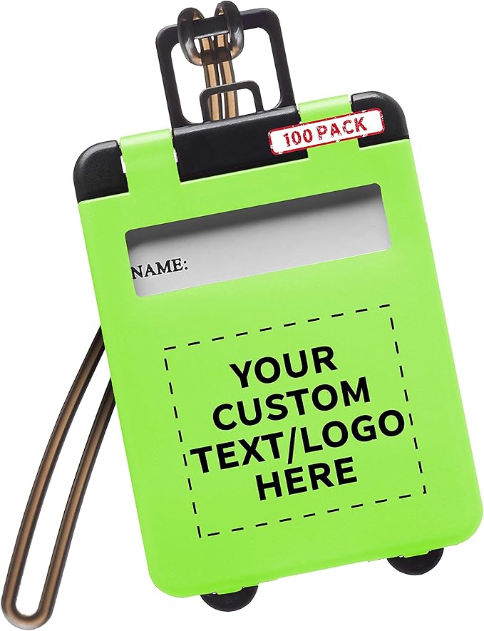 100 Mini Carry-on Luggage Tags Pack - Customizable Text, Logo - Flip Open Cover, ID Sticker - Lime Green