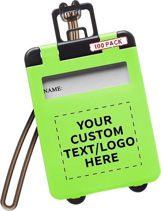 100 Mini Carry-on Luggage Tags Pack - Customizable Text, Logo - Flip Open Cover, ID Sticker - Lime Green