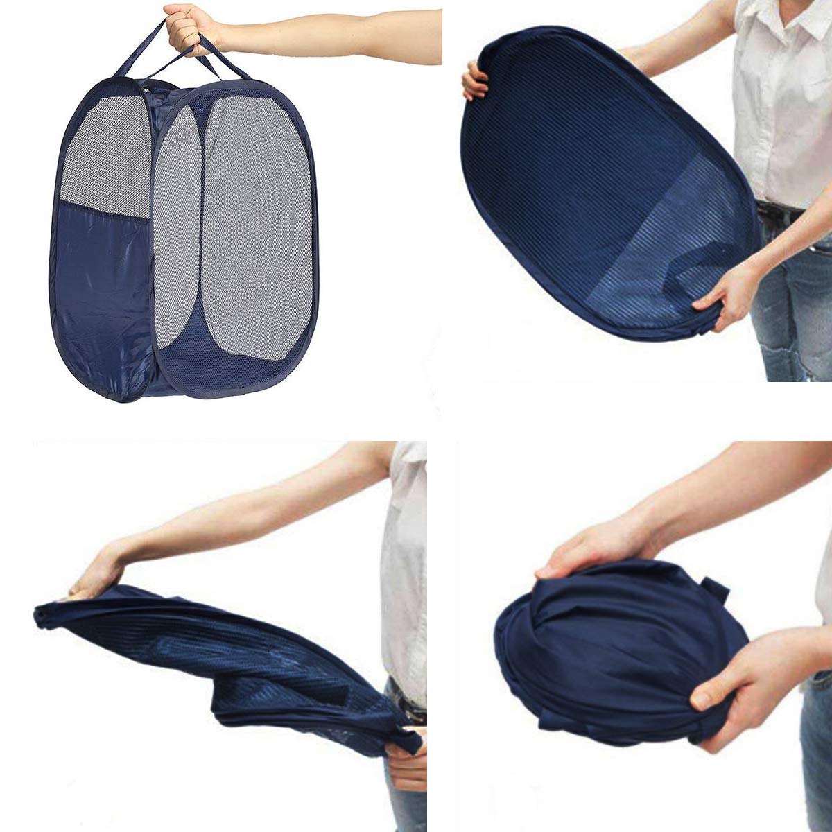 BENJUNC 2 pop-up foldable mesh laundry baskets (each with 2 reinforced handles), black + blue…