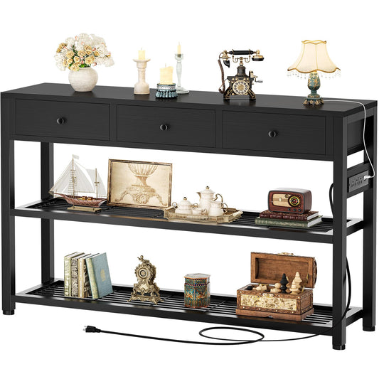 Ecopriso 47'' Entryway Table with Outlets and USB Ports, Console Table with 3 Drawers, Sofa Table Narrow Long with Storage Shelves for Living Room, Couch, Hallway, Foyer, Kitchen Counter, Black