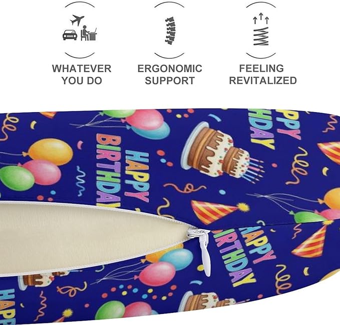 Breathable Travel Pillow Happy Birthday Blue Cake Memory Foam Chin Support, Removable Washable Cover for Airplane Car Office Sleeping