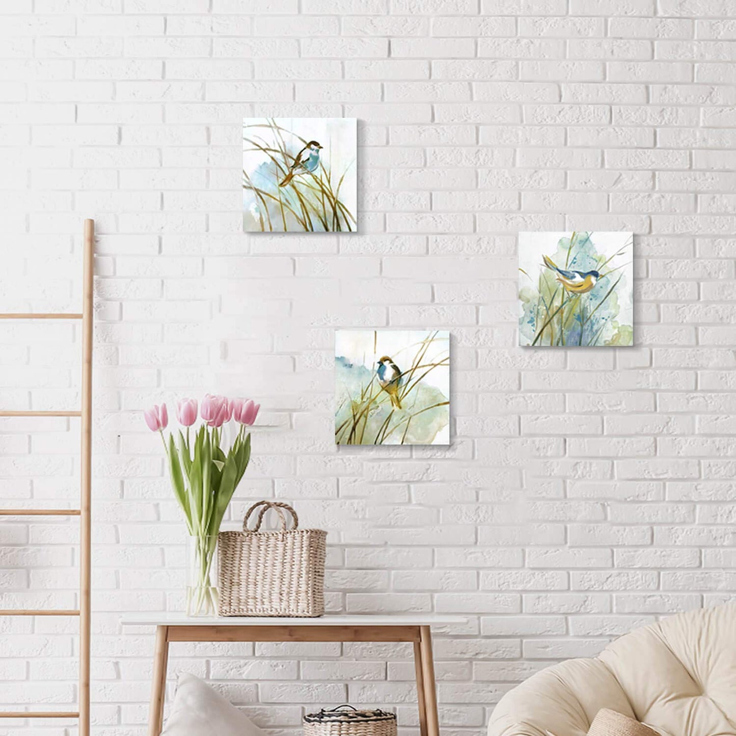 Hardy Gallery Abstract Birds Painting Wall Art: Colorful Birds in Grass Artwork Animal Picture on Canvas Prints for for Living Room (12” x 12” x 3 Panels)