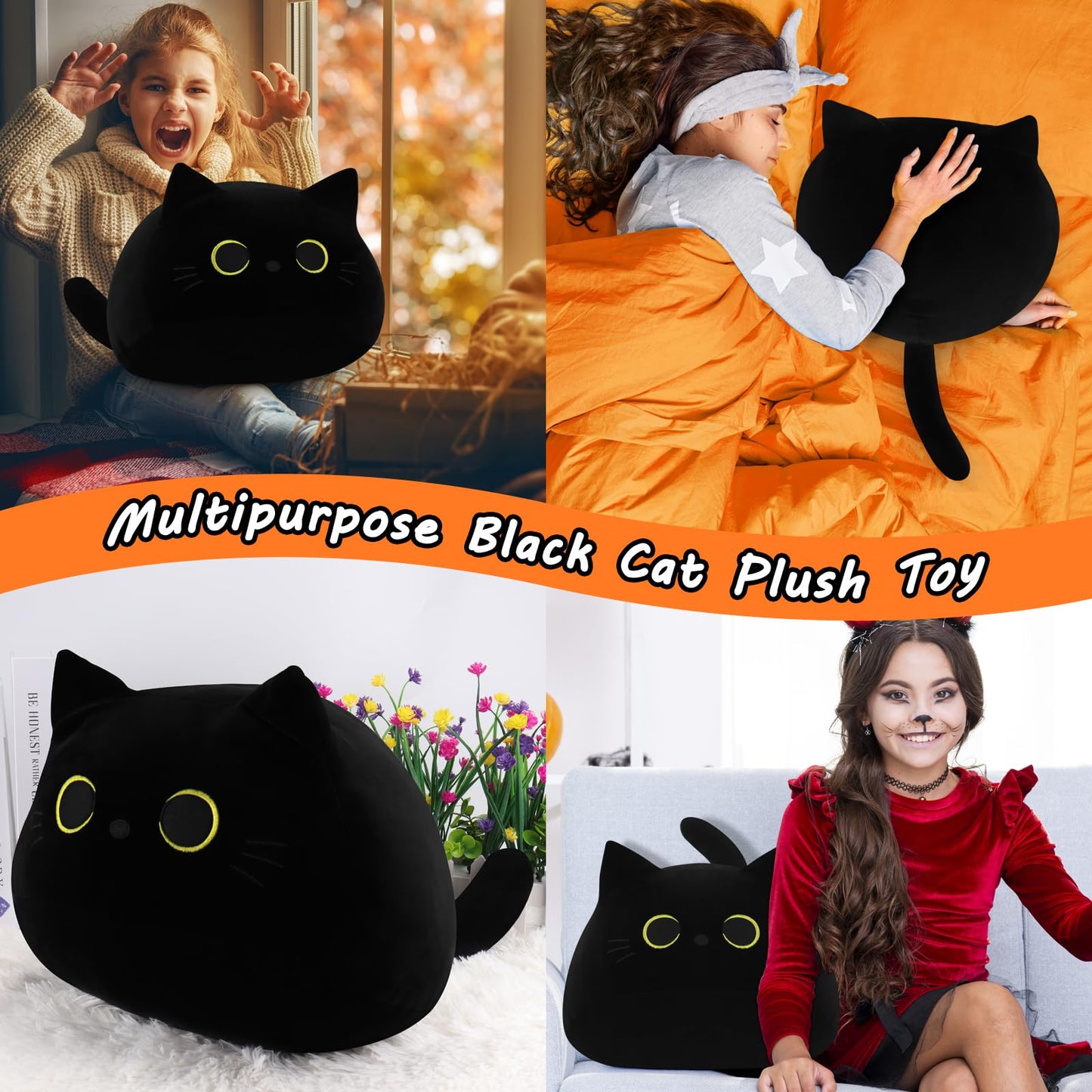 Auspicious beginning Black Cat Plush Toy-19'' Giant Black Cat Stuffed Animal, Plushie Toy Kawaii Plushies Cat Plush Pillow, Halloween Decor Plush Toys Halloween Plush Gift for Kids