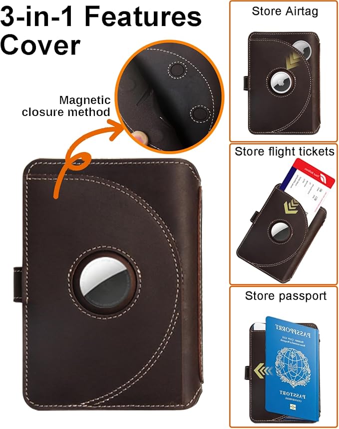 Leather Passport Holder for Travel with Airtag Slot, Passport Wallet for Men & Women,1-3 Passport Books,Passport Sleeves Travel Essential & Gift (Dark Coffee, With AirTag Slot)