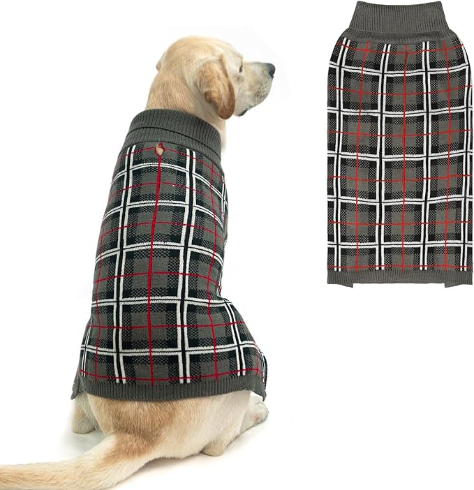 PUPTECK Dog Sweaters for Large Medium Small Dogs - Fall Classic Plaid Style Puppy Holiday Winter Coat Clothes Warm, Grey, SM