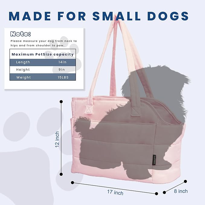 STRAODTIC Lightweight Dog Purse Carrier for Small Dogs Under 15 lbs, Puffy Quilted Pet Carrier Tote for Puppies with Safety Leash Clip, Women's Hands-Free Dog Carrier Bag for Travel/Shopping (Pink)