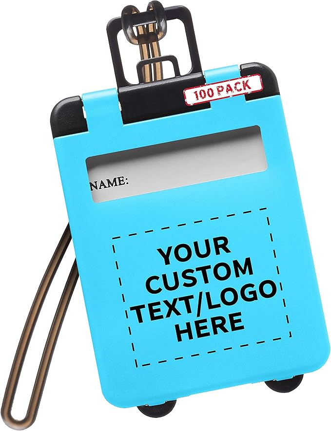 100 Mini Carry-on Luggage Tags Pack - Customizable Text, Logo - Flip Open Cover, ID Sticker - Light Blue