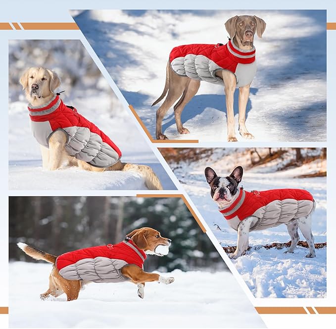 OUOBOB Dog Coats for Large Dogs,XL Dog Coat,Warm Fleece Winter Coat with D-Ring,Back Zipper Pet Jacket for Large Dogs,Waterproof Pet Snow Jacket Clothes Snowsuit Beagle Corgi Border Collie,Red,XL