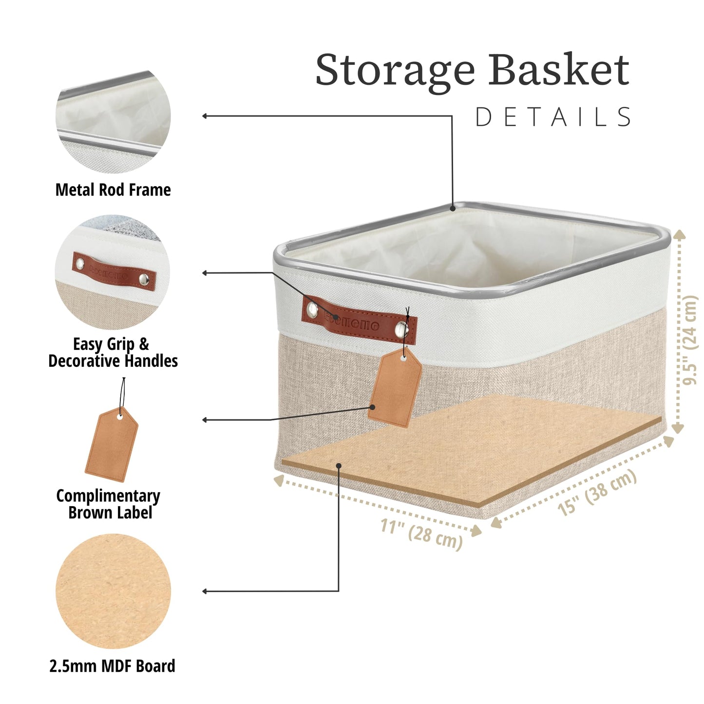 DECOMOMO Storage Bins, Large Fabric Storage Baskets for Shelves, Decorative Linen Closet Organizer, 15 x 11 x 9.5 inches (Beige & White, 3 Pack)