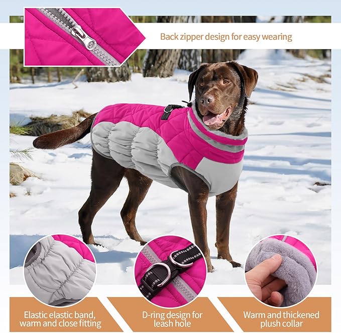 OUOBOB Large Dog Coat, XXLarge Dog Winter Coat, Waterproof Pet Jacket with Back Zipper,Extra Large Pet Coats, Warm Fleece Jacket with D-Ring, Windproof Winter Clothes Golden Retriever,Rose Red,XXL