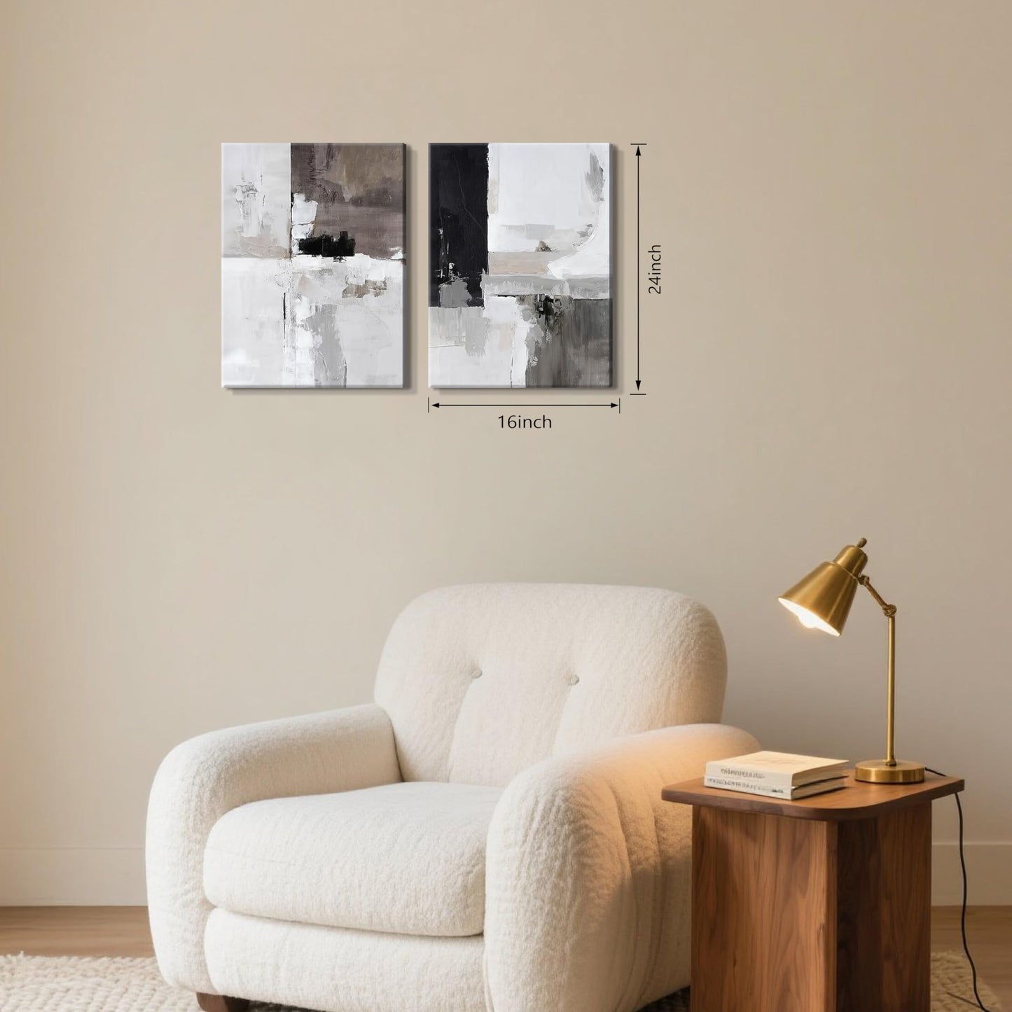 Framed Modern Abstract Wall Art Set of 2, Black White Neutral Minimalist Canvas Prints, Contemporary Industrial Artwork, Light Luxury Wall Decor for Living Room Bedroom Office, 16x24in