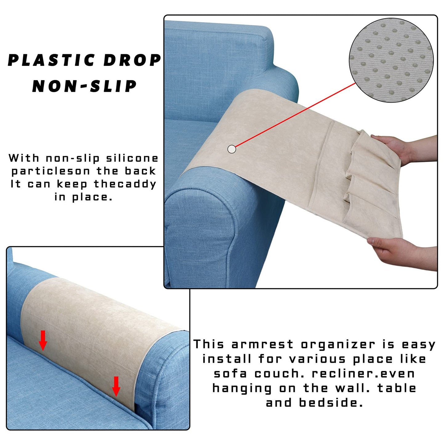 NB Sofa Armrest Organize Remote Holder Bedside Caddy Organizer with 5 Pockets，Non-Slip Couch Remote Control Holder Couch Armchair Caddy Accessories (Beige, 35"X12.4")