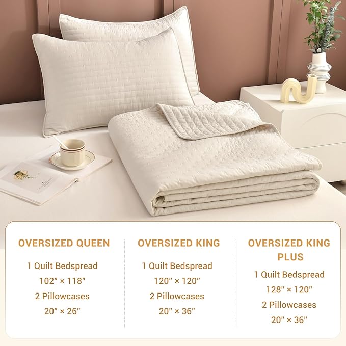 Sanracie Oversized Queen Bedspread Set 102"*118", 100% Cotton Wheat Colored Extra Large Wide Queen Quilt Bed Set Soft and Cozy Cloud Lightweight Quilts for All Season