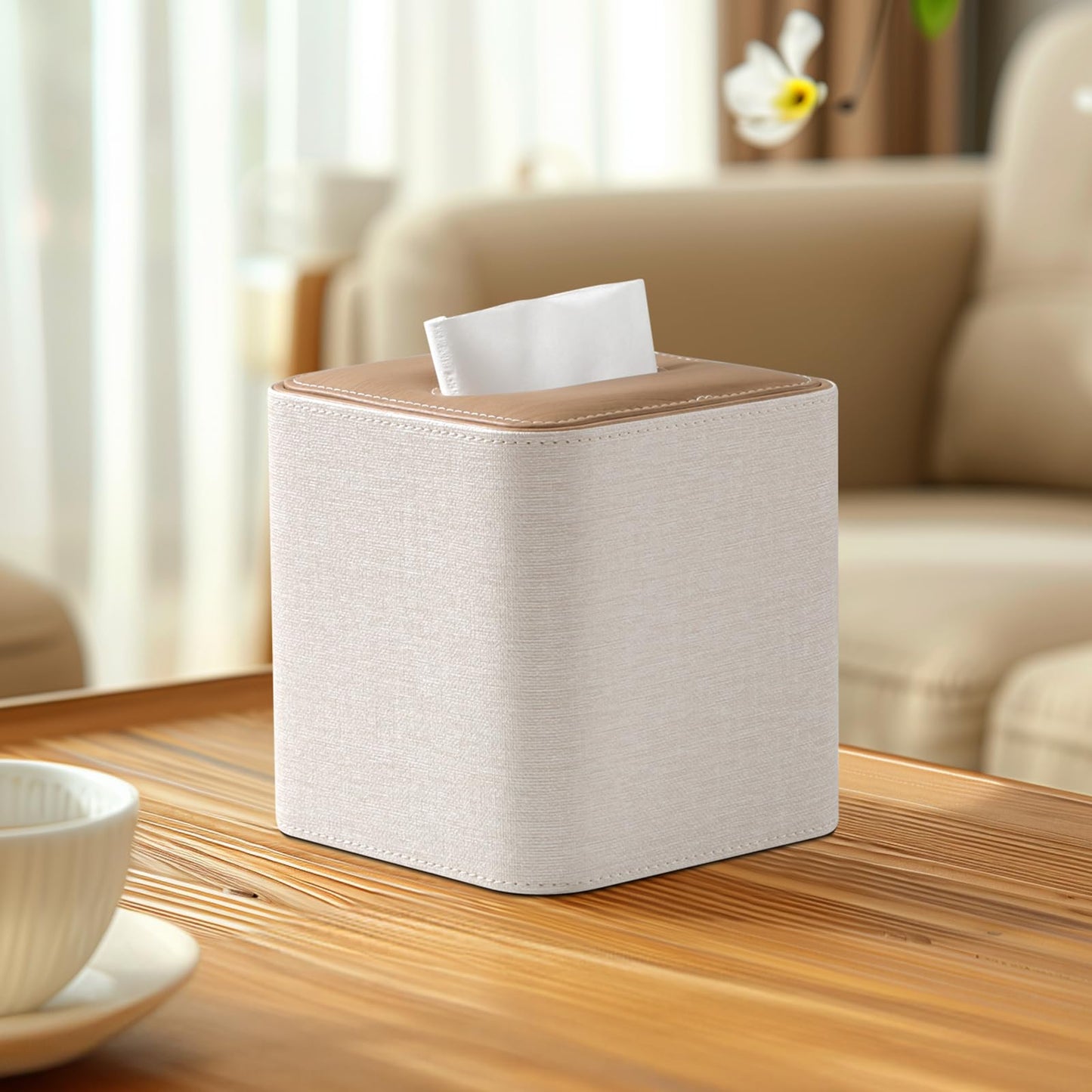 Cretkhp Square Linen Tissue Box Cover with Magnetic Closure, Modern PU Leather Tissue Box Holder for Bathroom Vanity Countertop Night Stands Bedroom Office Desk, Stylish Cube Tissue Holder (Linen)
