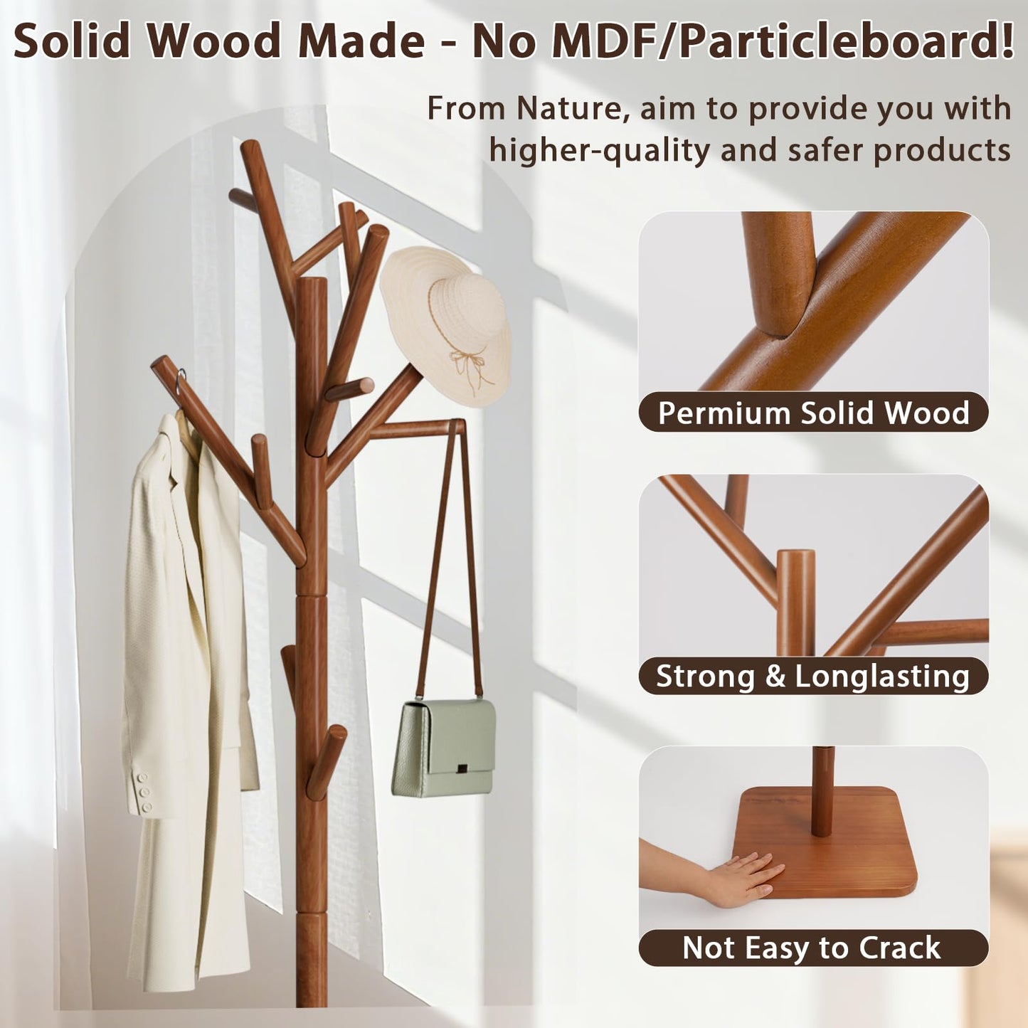 Olpchee Solid Wood Coat Rack - Freestanding Coat Hat Rack Stand with 14 Hooks, Clothes Rack Heavy Duty Space Saving Entryway Coat Tree Hanger Rack for Coats Jackets Hats Bags, Adjustable Height