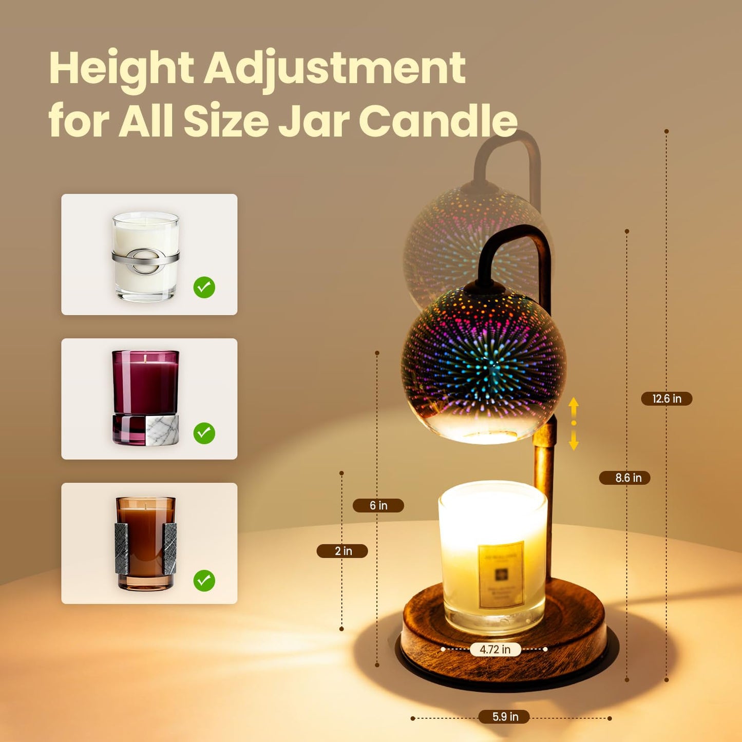 Glocusent Candle Warmer Lamp with Timer, 3D Glass Globe, Retro wood-grain metal base, Dimmable Height Adjustable Candle Warmer for Jar Candles, Home Decor & Gifts for Women, Firework patterns, 2 Bulbs