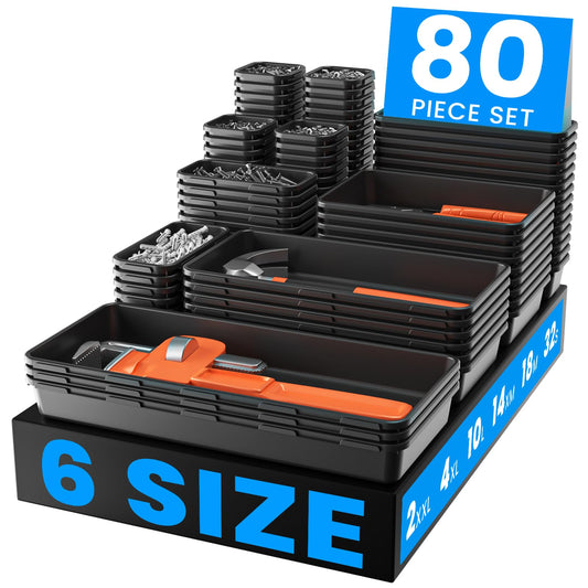 【𝟲𝗦𝗜𝗭𝗘 & 80PCS】A-LUGEI Tool Box Organizer【Fits 100+ Tools】 Black Garage Organization and Storage Tray Divider Set, Desk Drawer Organizer, Toolbox for Rolling Tool Chest Cart WorkBench Small Part
