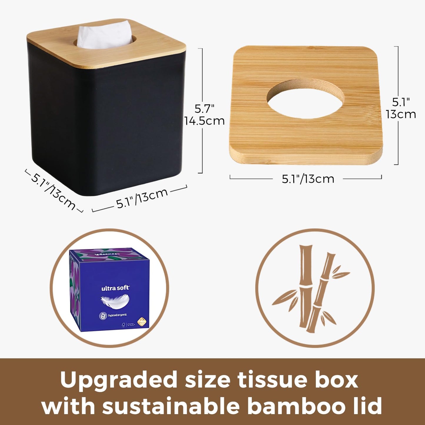 4 Pack Black Tissue Box Cover Square with Bamboo Cover Plate, Cube Modern Decorative Facial Tissue Cover Tissue Holders for Bathroom Bedroom Living Room Office