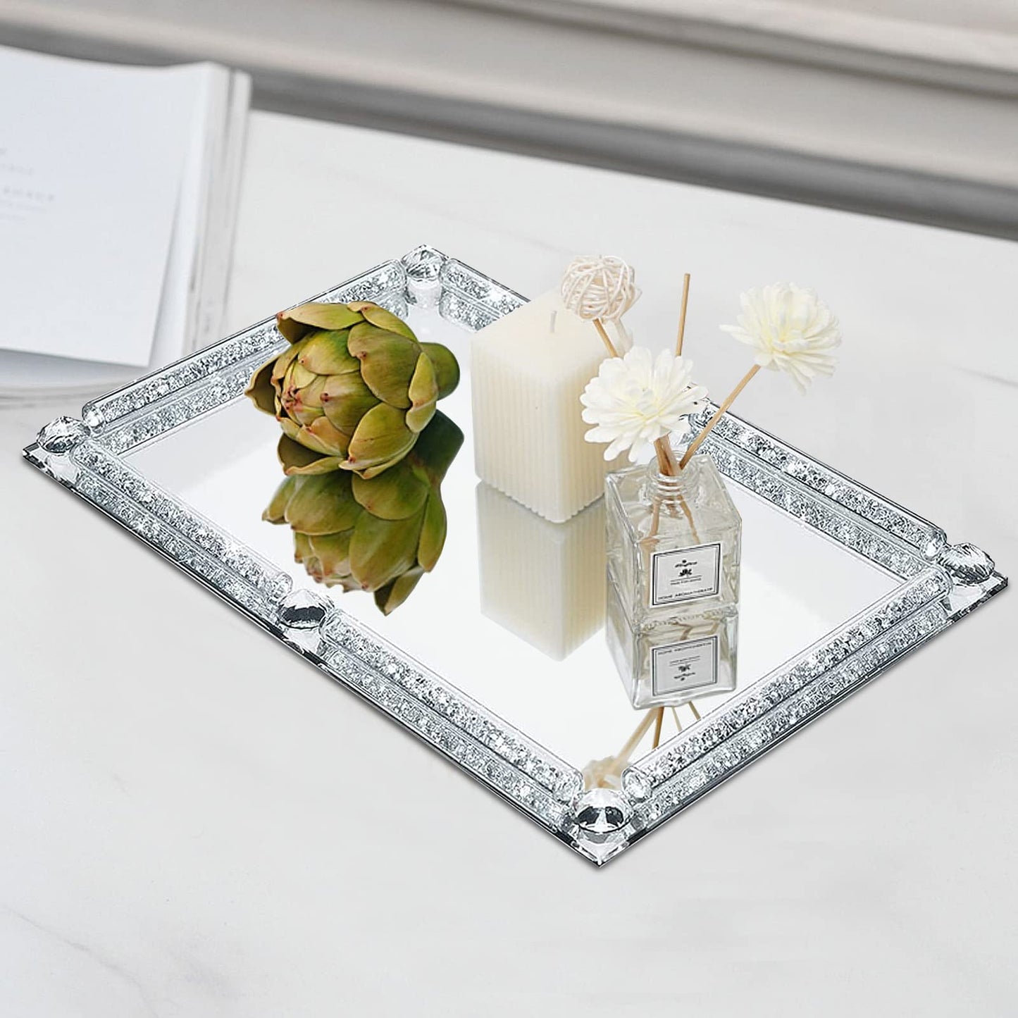 YCWF Mirror Perfume Tray for Dresser,Crushed Diamond Filled Glass Vanity Tray,Decorative Bathroom Tray,Crystal Tray for Home Decorative,Party,Hotel Banquet,11.8"x 7.9"x1.2",Silver