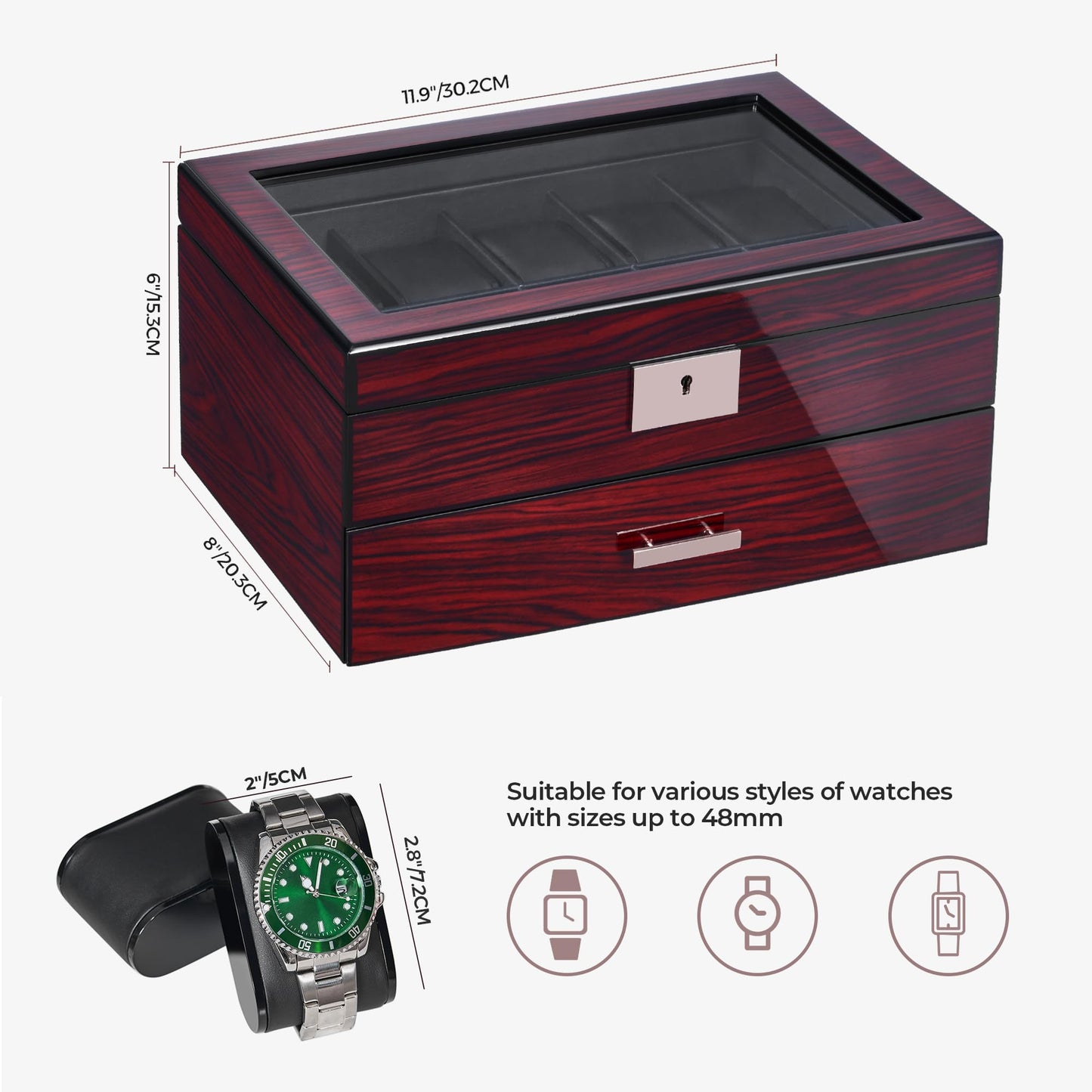 ANWBROAD Watch Box 20 Slot Watch Cases for Men with Large Glass Lid 2-Tier Watch Display Case Lockable Wooden Watch Organizer Elegant Watch Holder for Women UJWB002Y