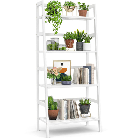 Homykic Ladder Shelf, 4-Tier Bamboo Ladder Bookshelf, 49.2” White Book Shelf, Open Bookcase Freestanding Plant Stand for Small Space, Bathroom, Living Room, Bedroom, Home Office