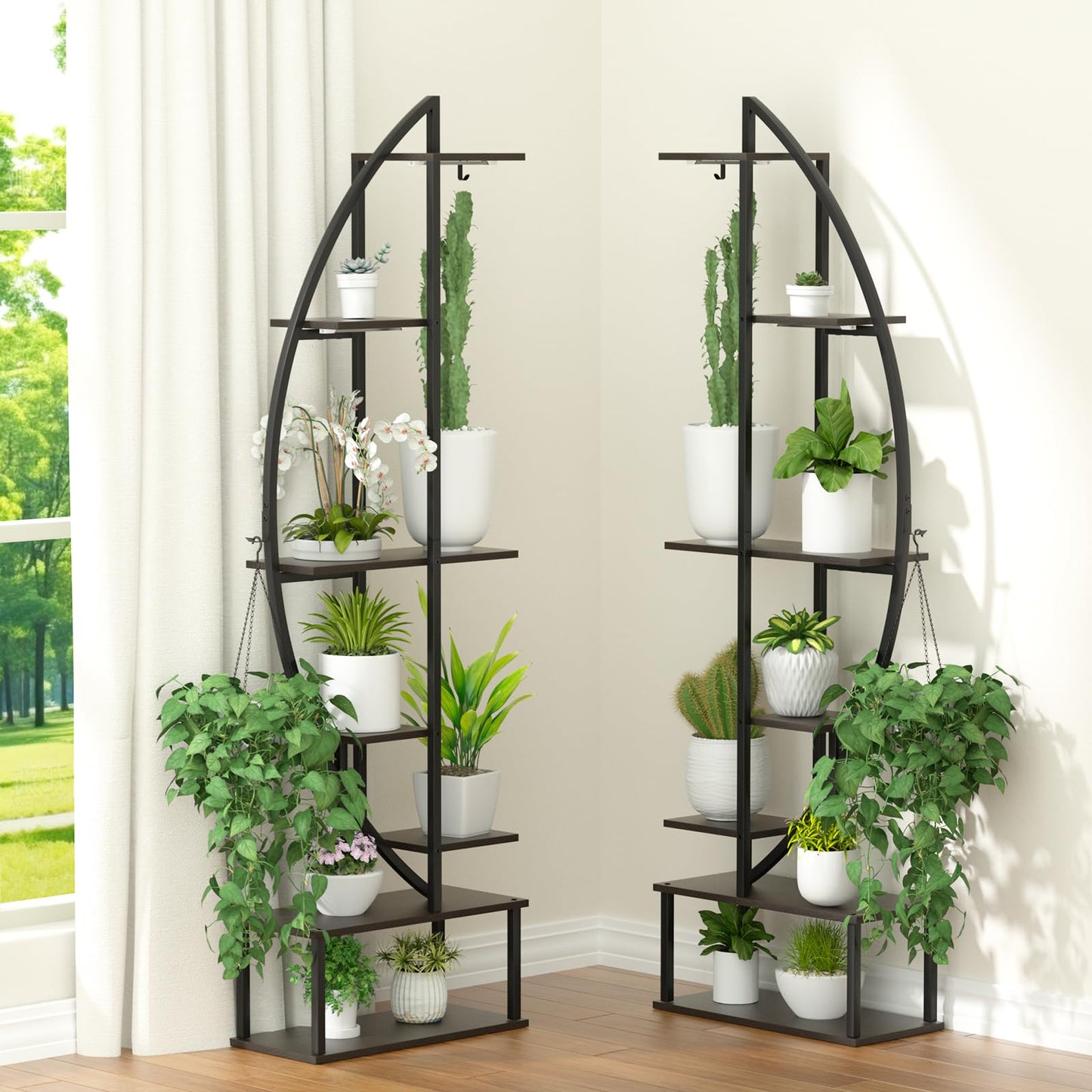 BLAZPATH Plant Stand Shelf Indoor with 6 Grow Light, 7 Tiered 65" Tall Black Large Half Moon Lighted Plant Rack Holder, 2 Pack Big High Circular Arch Multi Herb Stand with Built in LED Grow Light Set