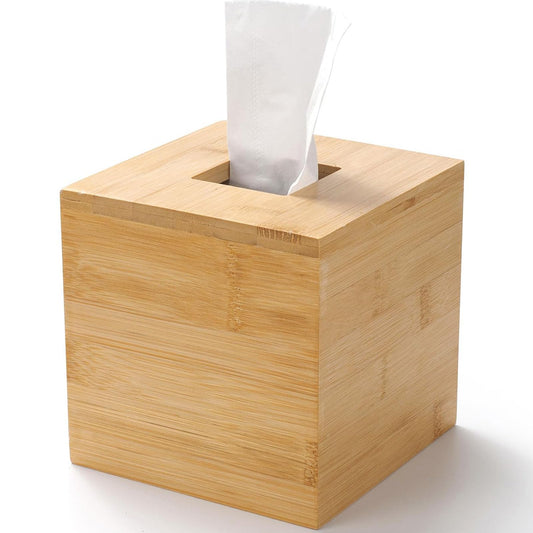 Bamboo Tissue Box Cover, Square Wood Tissue Box Holder, Wooden Facial Paper Holder for Bathroom, Bedroom, Dinner Table, Office (Square - 1 Pack)