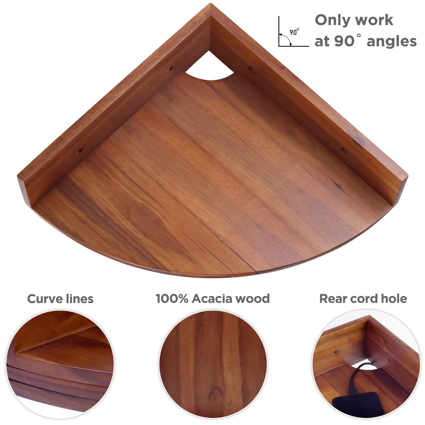 Demigo Corner Shelf Wall Mount Set of 3, Solid Acacia Wood Round Floating Corner Shelves for Storage and Display, Hanging Wood Shelves for Bedroom, Kitchen, Living Room, Bathroom (Brown)