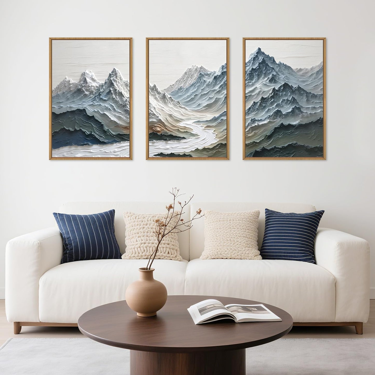 DRACIT Large Snow Mountain River Framed Canvas Wall Art Set,Modern Abstract Nature Landscape Wall Decor,Neutral Blue and White Ridge Scenery Artwork for Living Room,Bedroom,Office-16 x24 x3