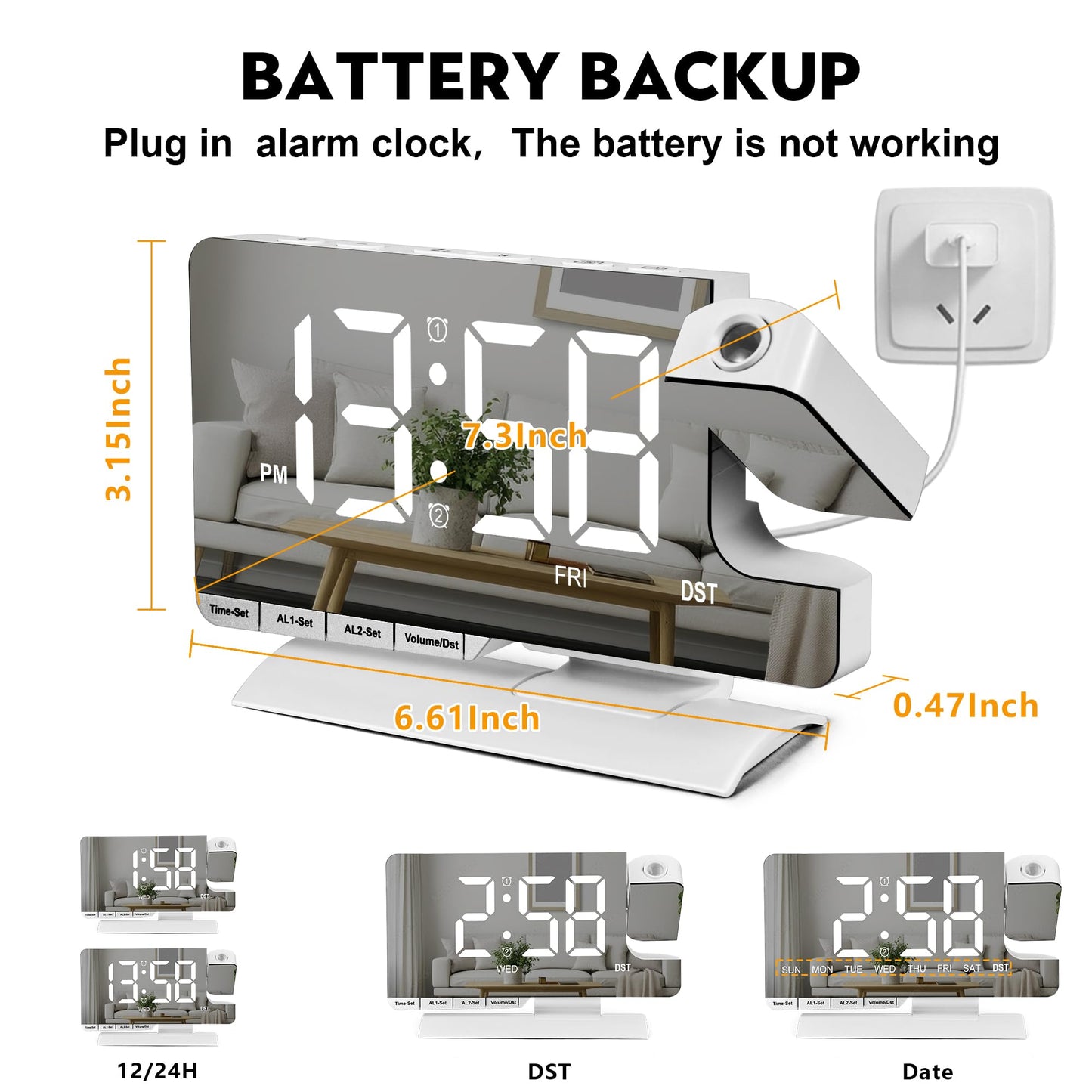 Amgico Projection Alarm Clock,Digital Clock with Projection,7.3" Mirror Clock with 180°Rotating Projector,Dual Alarm with 3 Mode,Bright Adjust,DST,Snooze,Charging Port,5 Levels Volume for Desk Teens