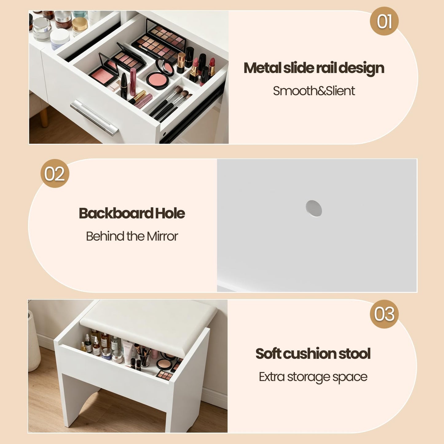 ALAULM Makeup Vanity with Storage Stool, Vanity Desk with Furniture Shelves and 1 Cabinet, 3 Lighting Modes with Adjustable Brightness, Vanity with Backplane Cable Hole for Bedroom, White