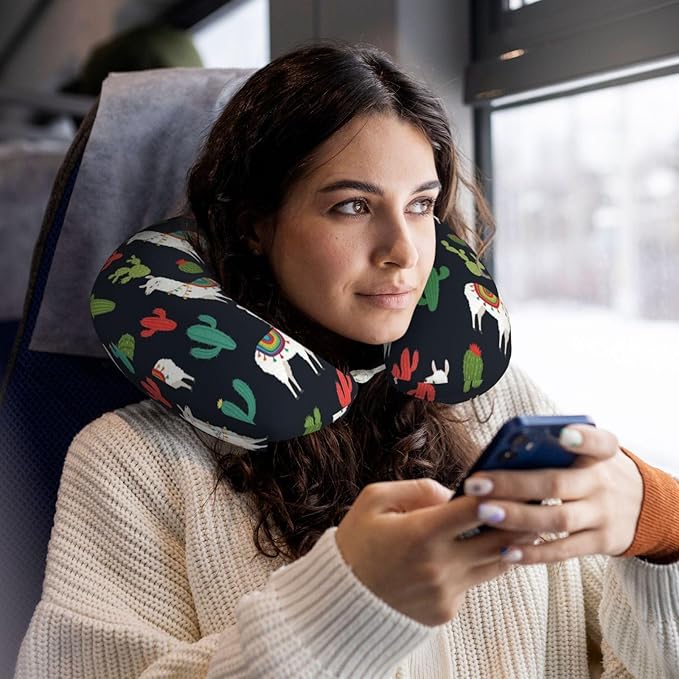 Travel Pillow Chin Neck Support, Comfortable Airplane Car Pillows for Rest, Memory Foam U Shaped Office Home Nap Sleeping Cushion Llama Alpaca Cactus