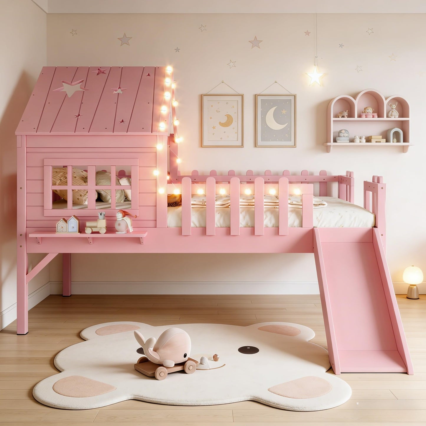 Bellemave Twin Loft Bed with Slide and Ladders, Solid Wood Low Loft Bed with Tray, Lights, Playhouse Roof, House Loftbed Frame for Kids, Boys, Girls, Childlike and No Box Spring Needed Design, Pink