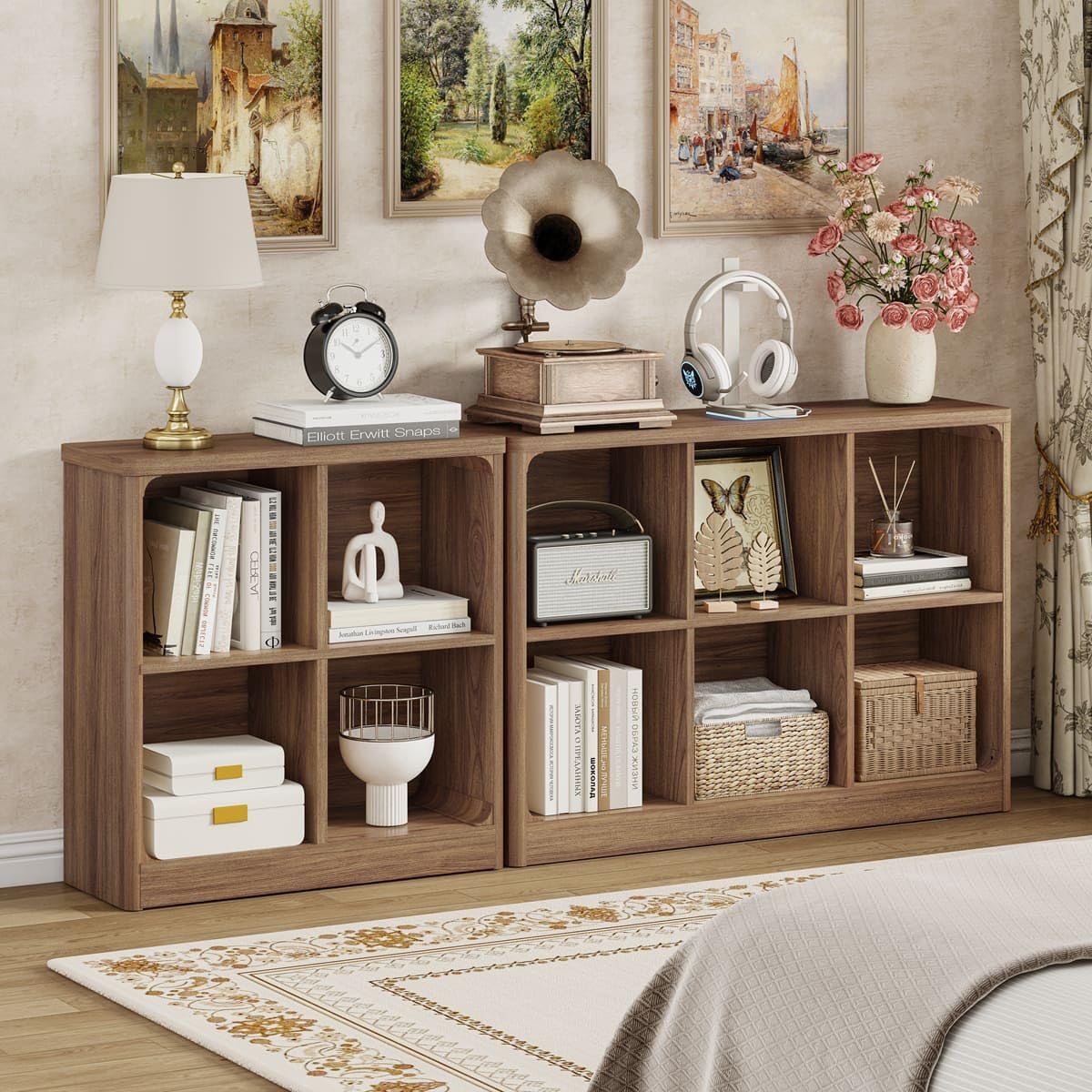 FATORRI 4 Cube Storage Bookcase, Rustic Wood Cube Bookcase Shelf Organizer, Small Storage Bookshelf for Living Room, Bedroom, Office (Walnut, 29.53" W)