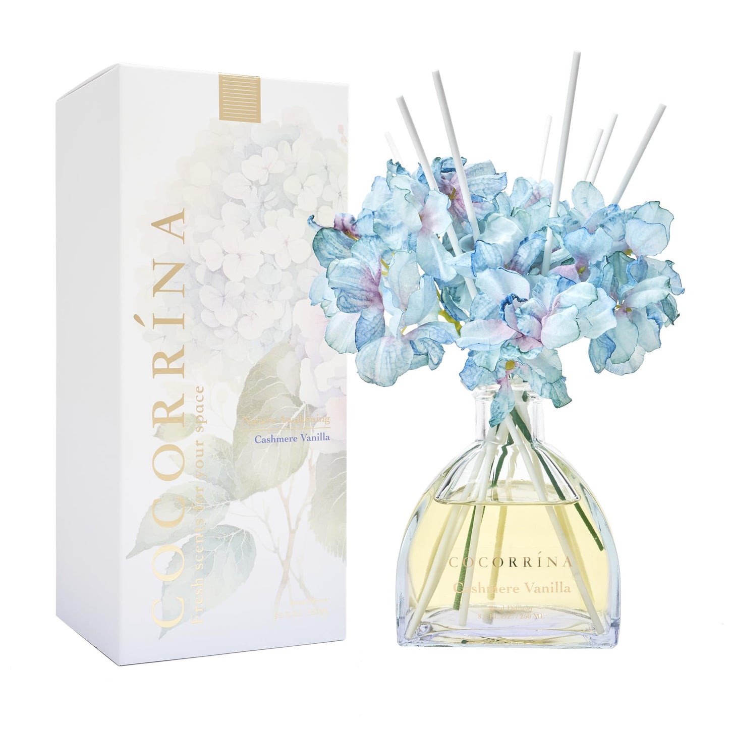 COCORRÍNA Reed Diffuser - 8.5 Oz Cashmere Vanilla Reed Diffuser with 8 Sticks for Home Bathroom Shelf Decor (Simple Luxe Collection)