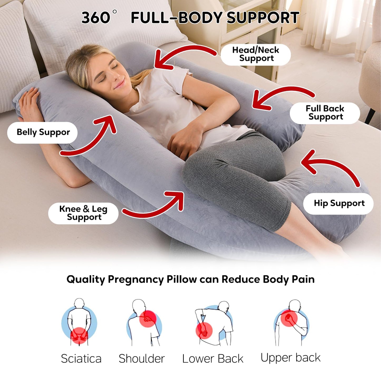Wodsfay U-Shaped Pregnancy Pillow for Sleeping, Full Body Support for Back, HIPS & Belly - 57 Inch Maternity Pillow with Machine Washable Cover | Maternity Essential