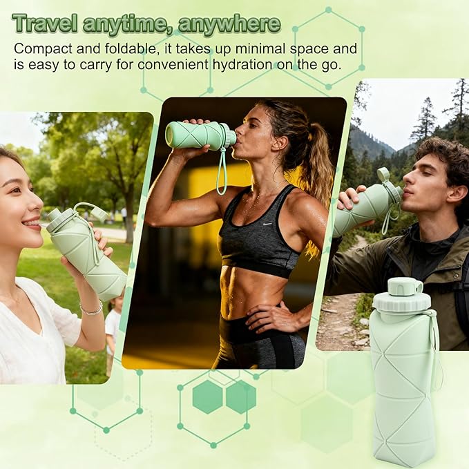 JINGYAN Collapsible Water Bottle 20oz, BPA-Free Silicone Foldable Design with Leak-Proof Lid & Lanyard - Portable Travel Water Bottle for Hiking, Gym, Camping (Green)