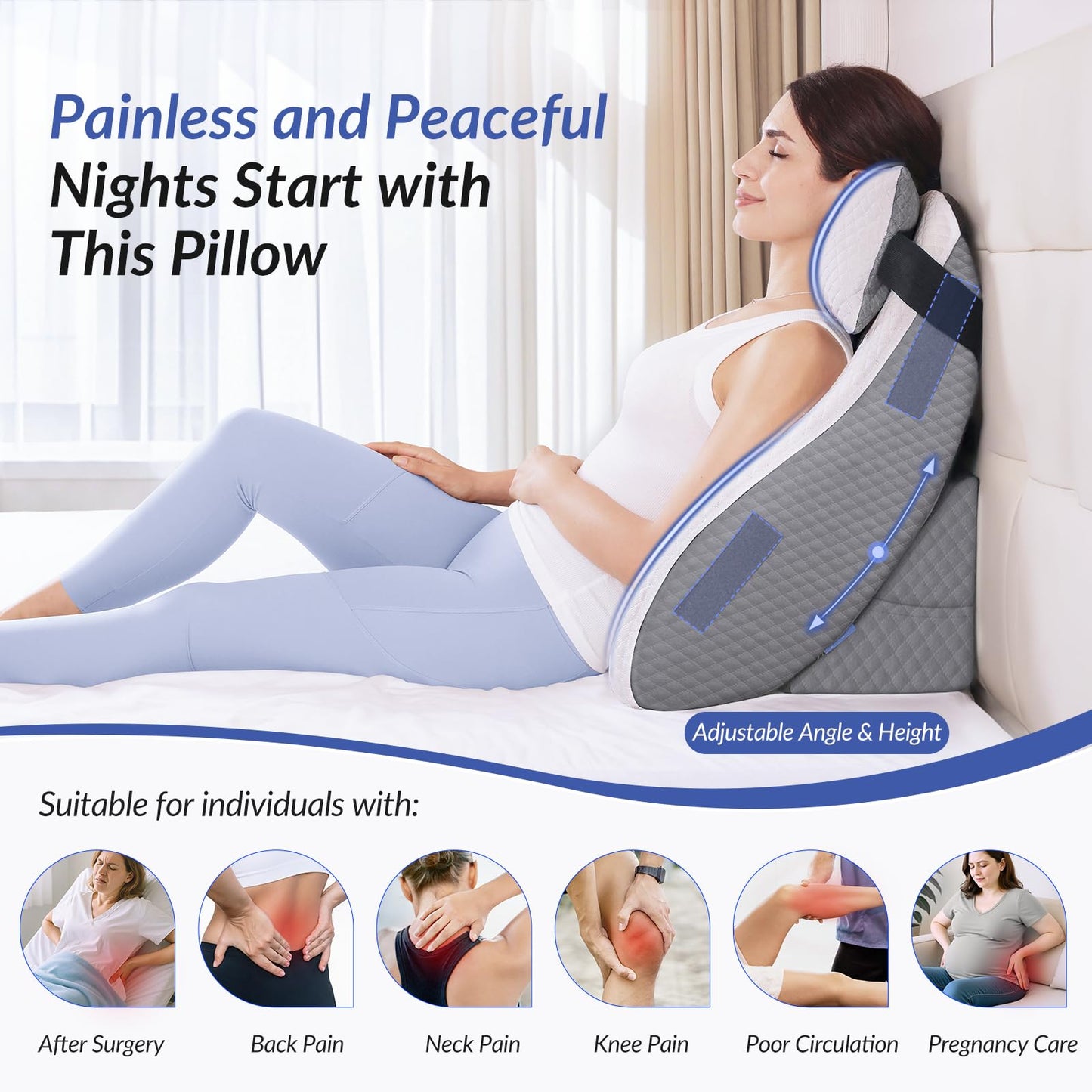 ZIKEE Adjustable Wedge Pillow Headboard Set for Sleeping & After Surgery, Ergonomic Reading Pillow for Sitting in Bed, Bed Wedge with Premium Memory Foam for Back Pain Relief & Support, Leg Elevation