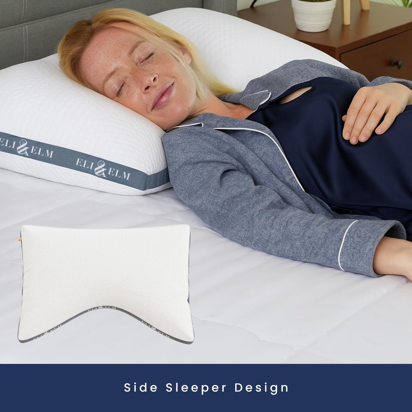 Eli & Elm Best Ergonomic Side Sleeper Pillow for Neck Pain. Supportive Cooling Latex Fill. U-Shape Contoured Design. King & Queen Size (Queen (U.S. Standard), with Pillow Case)