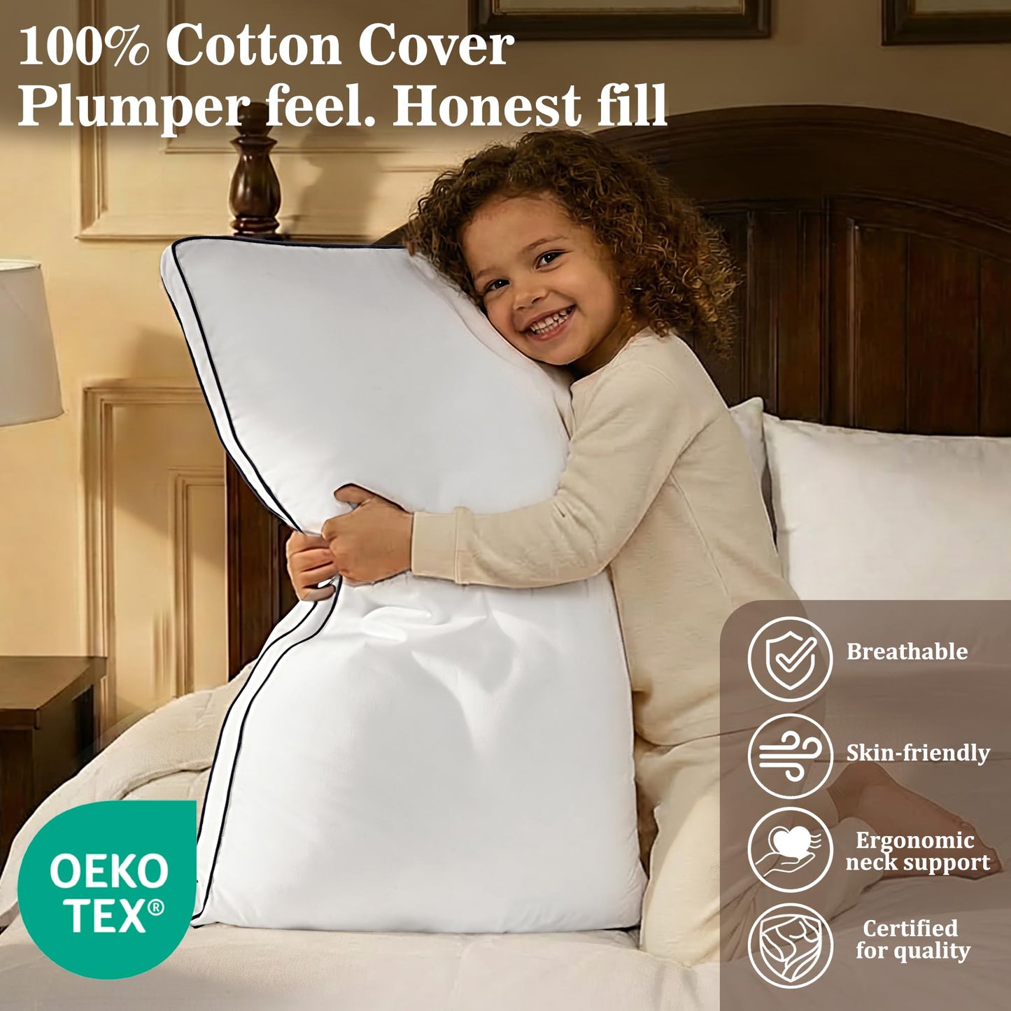 Gehtmnl Goose Down Pillows Queen Size Set of 2, Luxury Hotel Collection, 3-Chamber Gusseted Design, 100% Cotton Cover, Fluffy Yet Supportive for Side & Back Sleepers, Neck & Shoulder Support