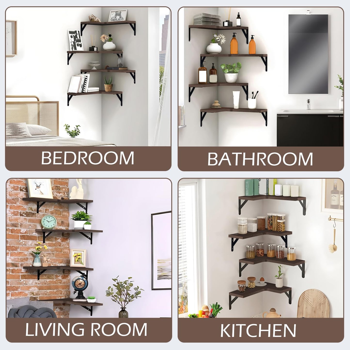 PUREZON Corner Floating Shelves Set of 4,Corner Wall Shelves,Rustic Wood Wall Mounted Shelf for Home Decor, Living Room, Bedroom, Kitchen, Bathroom,Office(Brown,15.9 x 11.4 inch)