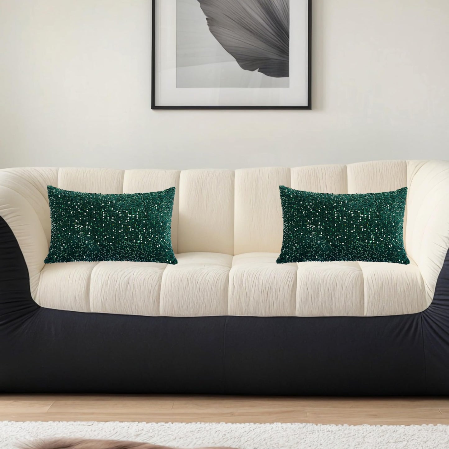 ShinyBeauty Green Velvet Pillow Covers 12X20-Inch Set of 2 Sequin Emerald Green Pillows Cover, Soft Decorative Cushion Cover, Rectangle Pillow Case for Sofa, Couch, Living Room Decor