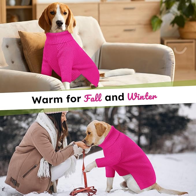 Queenmore XXL Dog Sweater, Large Dog Sweaters for Male Dogs, Turtleneck Plaid Kintsweaters for Large Breeds, Cold Weather Pullover Pet Clothes, Fuchsia 2XL