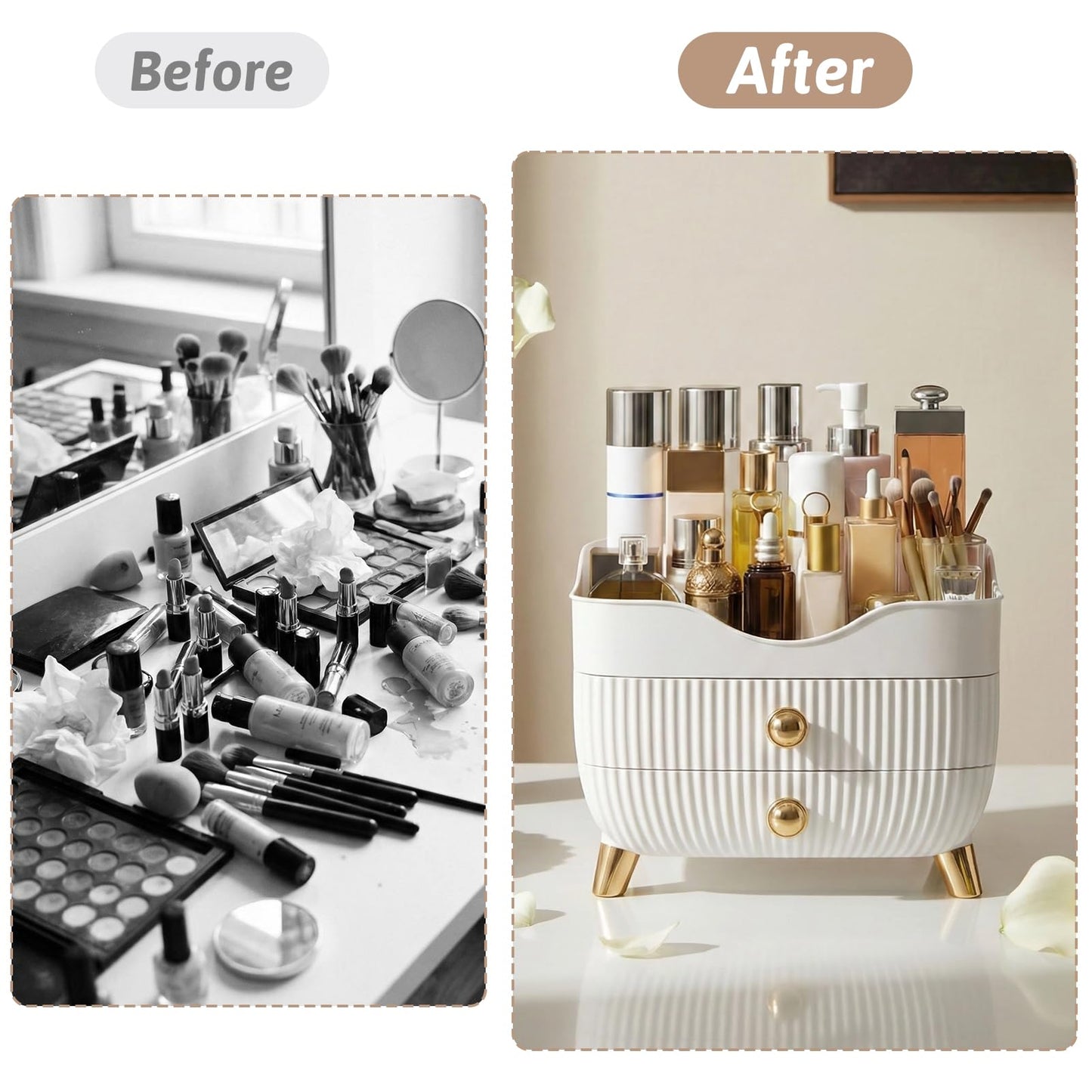 Makeup Organizer Countertop, Large Capacity Skincare Cosmetic Organizer for Vanity with 2 Drawers, Cosmetic Display Cases Makeup Storage Box for Bedroom, Bathroom, Ideal Gifts for Women(White)
