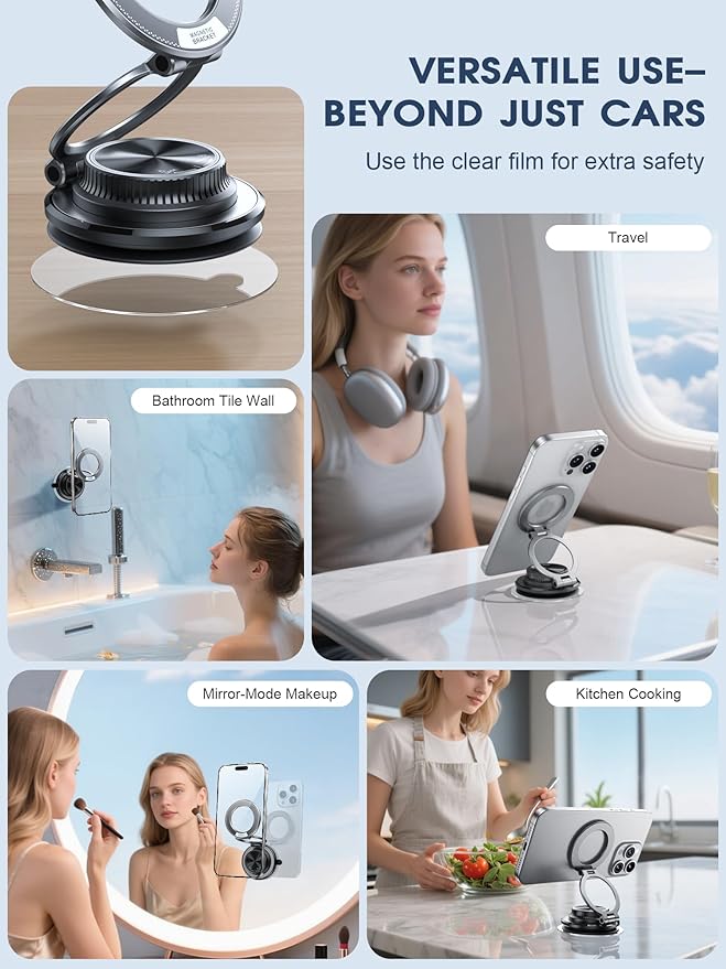 Ultra-Thin Vacuum Magnetic Car Phone Holder for MagSafe[108+LBS Strongest Suction & 3000gf Strongest Magnetic],360°Adjustable Suction Cup Phone Mount for Gym,Mirror,Men Women-Obsidian Black